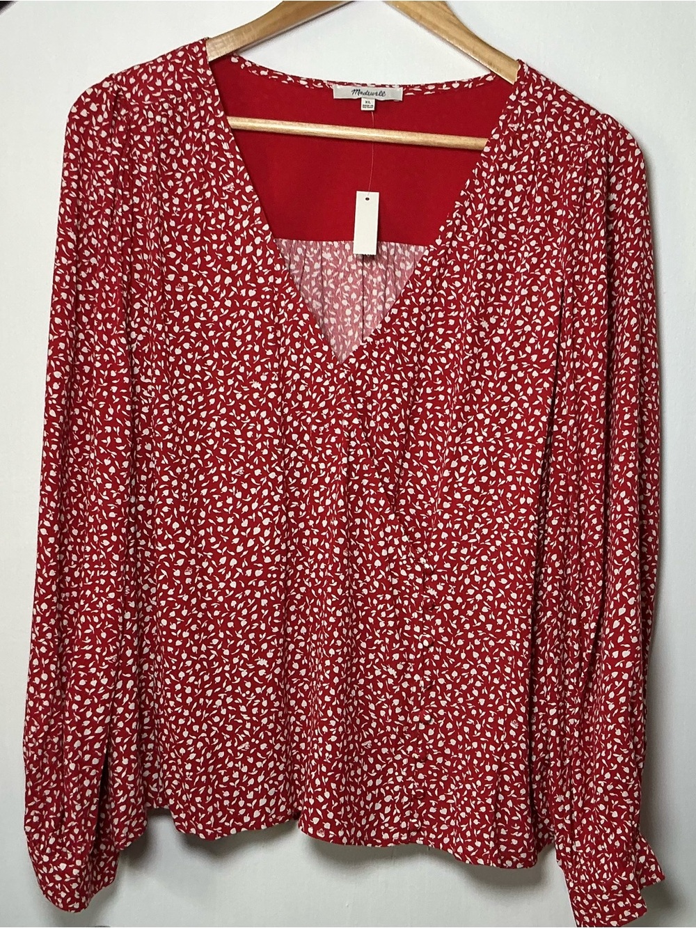 Madewell Blouse XL Red Floral White Print V-Neck Faux Wrap Long Sleeve NWT